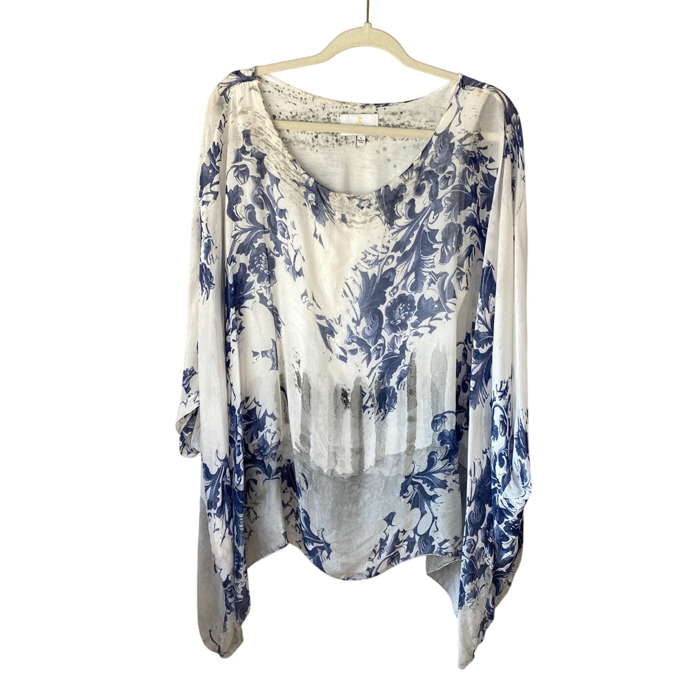 Belle France Blue White Silk Floral Damask Poncho Top Made in Italy Large